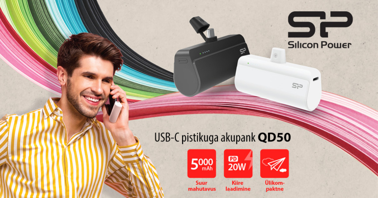 Silicon Power QD50 on integeeritud USB-C pistikuga akupank